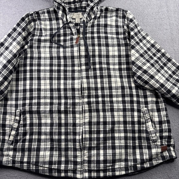 LL BEAN Womens Full Zip Hooded Jacket-All Cotton Black/White Plaid-Relaxed Fit L - Picture 8 of 16